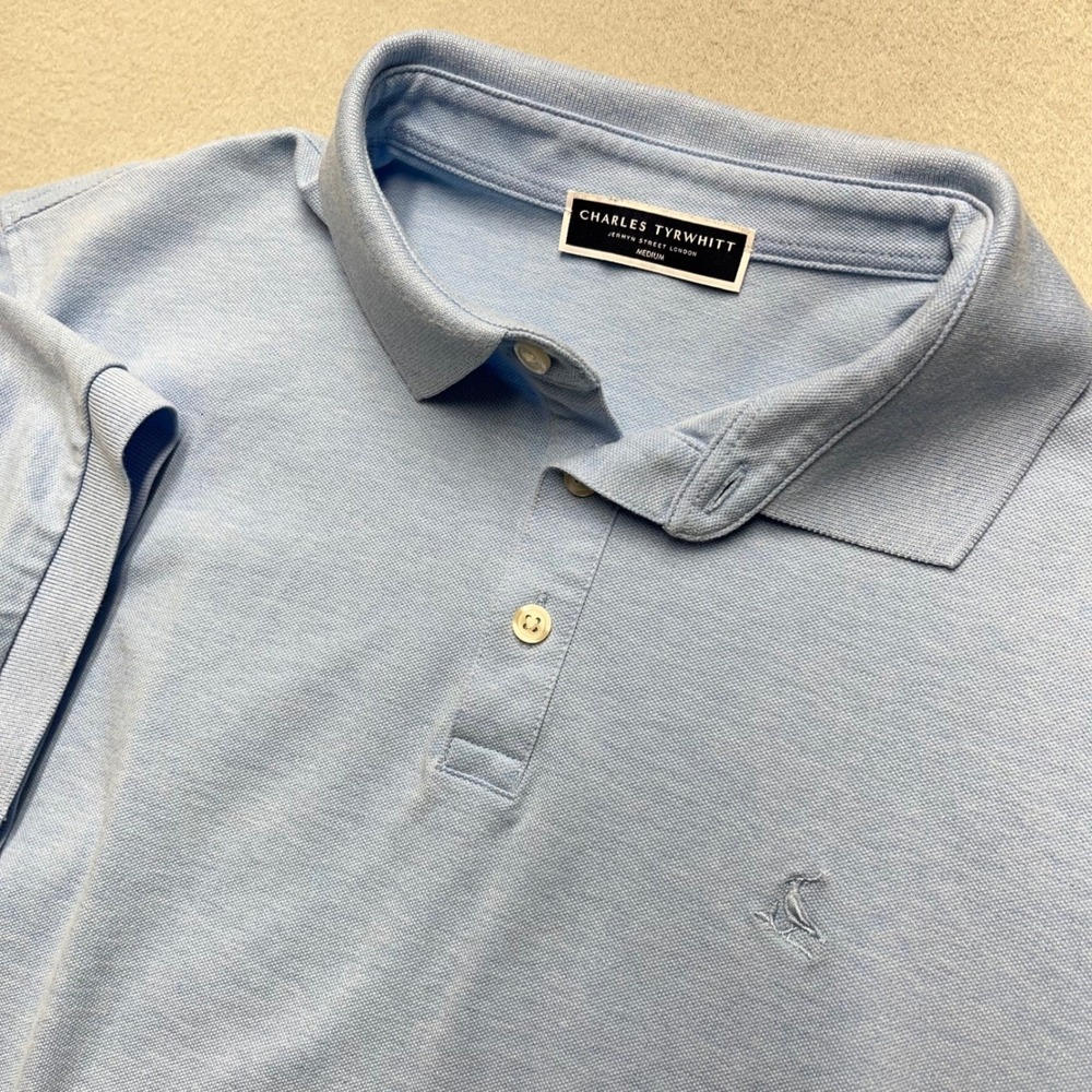 New Charles Tyrwhitt Men Light Blue Pique Cotton Stretch Polo Shirt Short SlveeM